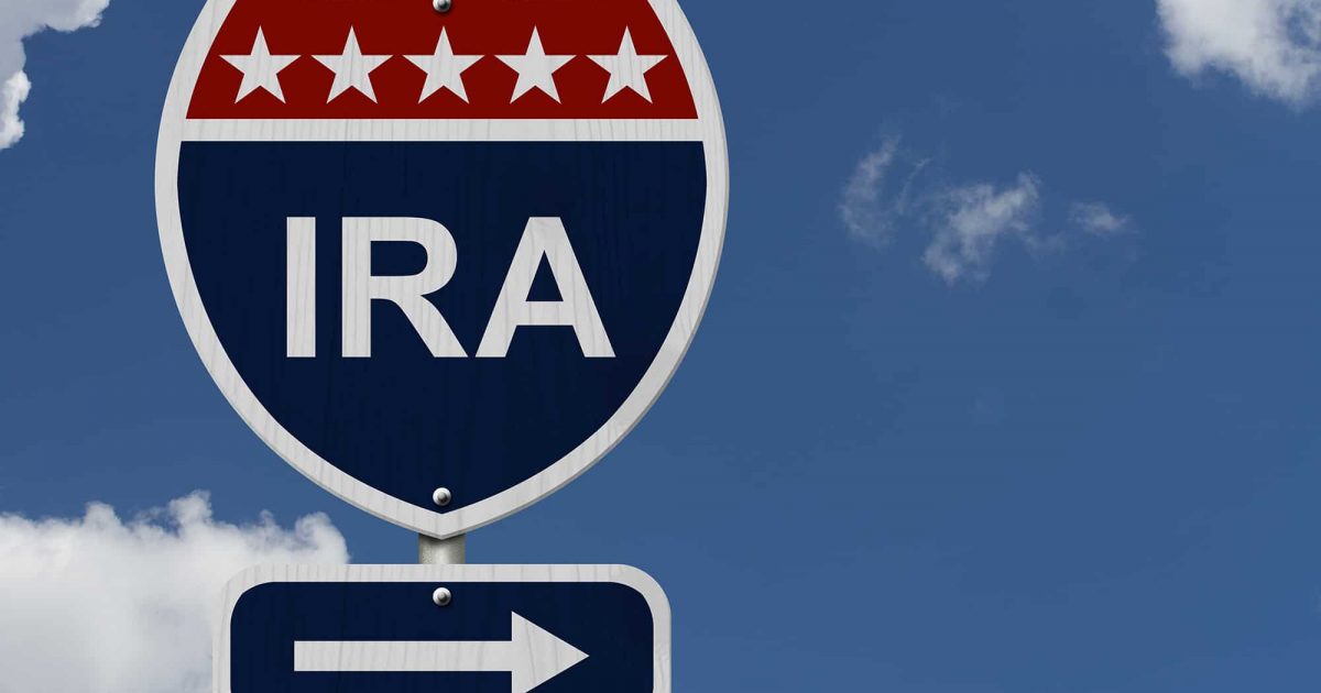 American IRA Highway Road Sign, Red, White and Blue American Highway Sign with words IRA with sky background
